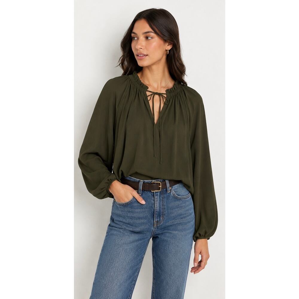 Madewell NY328 Long Sleeve Tie-Neck Top Midnight Olive XXS NWT